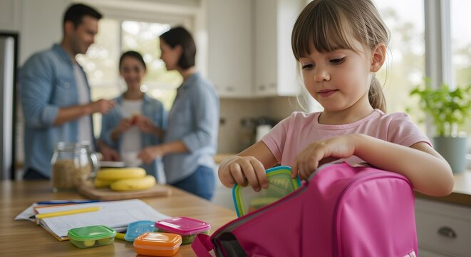 Little girl preparing lunch for school with family in kitchen happy childhood morning routine 100