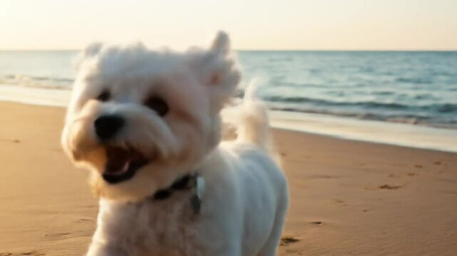 White dog running on beach at golden hour