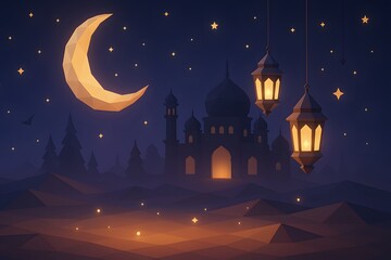 Night Scene with Moon and Lanterns in Front of a Castle