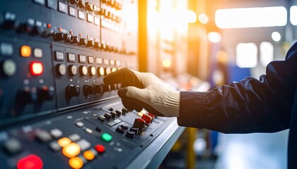 Worker's gloved hand operates industrial control panel.