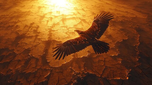 A majestic eagle soaring over a cracked sun scorched desert its shadow reflected in a single water drop