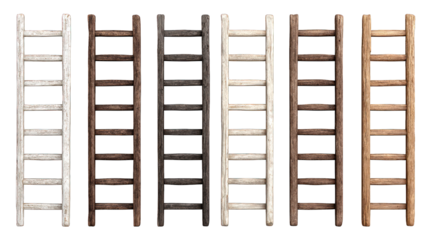 Six wooden ladders in varying shades side-by-side