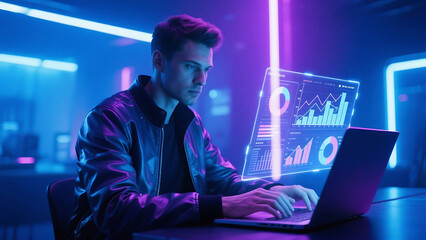 Man working on laptop with holographic display in futuristic neon lit environment indoors at night