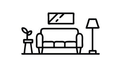 Minimalist Living Room Monoline Outline Scene. Modern Interior & Furniture Line Art Vector Illustration