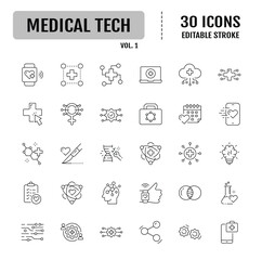 Medical tech line editable icon set. Containing medical technology, Digital, innovation, tech, healthcare and more. Vector illustration