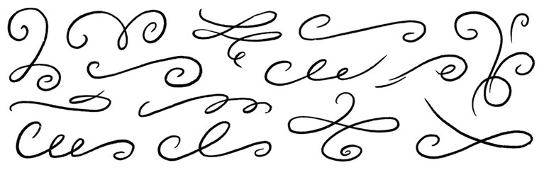 Line ornament flourish calligraphy swirl set. Elegant flourish divider, underline and scroll swash wedding font, label or accent. Line art swirl, chalk flourish, vintage ornament. Vector illustration