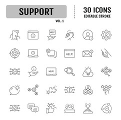Customer service and support icon set. Containing helpline, mutual aid, service, technical support, help, call center, hotline, live chat and assistance. Vector illustration