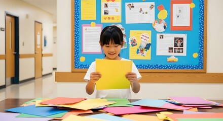 Young girl crafting with colorful paper in school hallway art project educational activity happy student