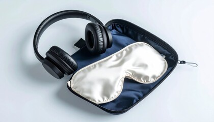 High End Business Class Amenity Kit With Headphones And Silk Eye Mask Isolated Background
