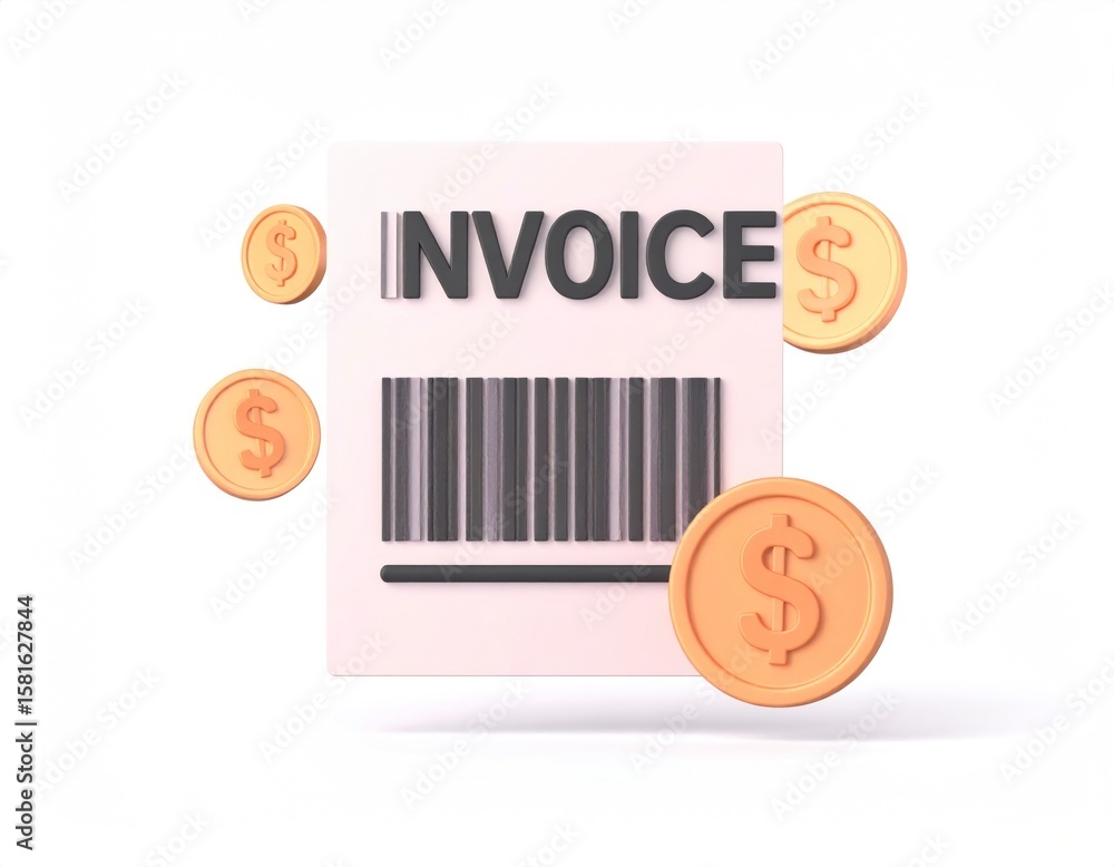 Poster invoice document with barcode and floating golden dollar coins accounting concept on white backgroun