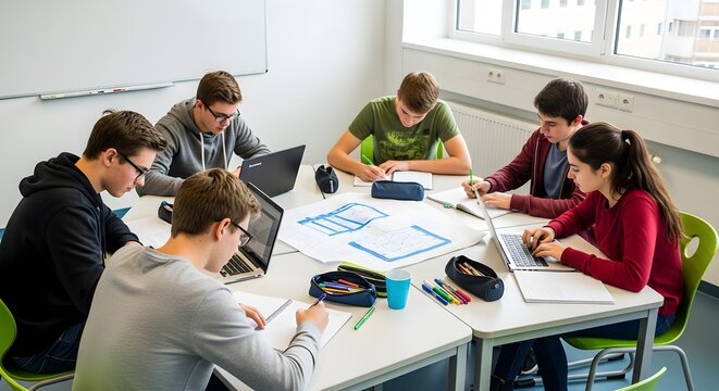 Group of students collaborating on project using laptops and writing in classroom setting for education