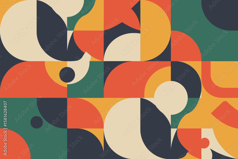 Poster retro inspired seamless pattern featuring geometric shapes and bold color blocks for contemporary de