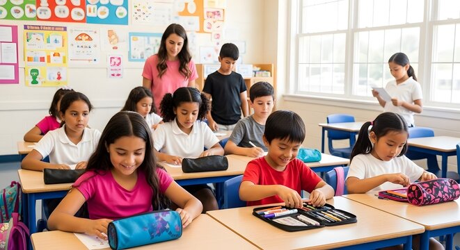 Classroom learning environment with students and teacher in elementary school setting for education