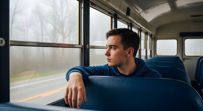 Man looking out window on school bus travel commuting ride journey student transportation public transit