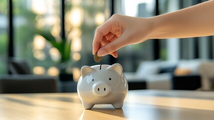hand putting coin into piggy bank symbolizing saving money in economy modern