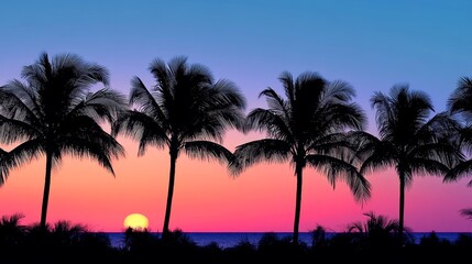 Sunset with a row of tall palm trees silhouetted against the sky