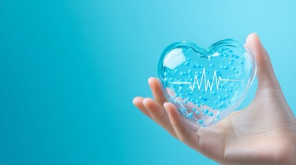 Hand holding transparent heart blue ball with heartbeat translucent isolated blue background