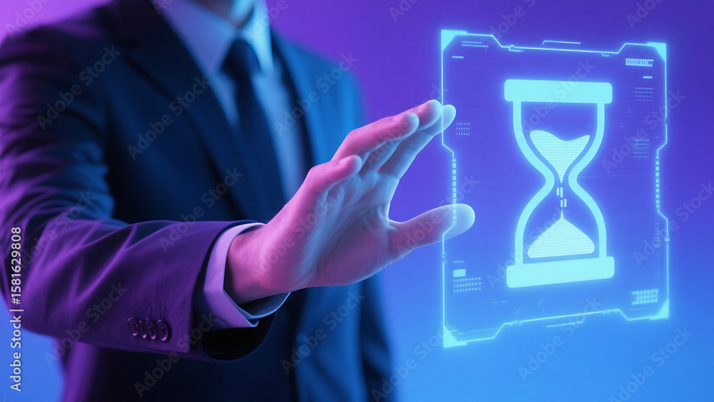 Poster a man in a suit interacting with a holographic hourglass display in a futuristic setting with blue l