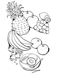 Fruit line drawing Clip art of Pineapple, Banana, Strawberry and other fruits