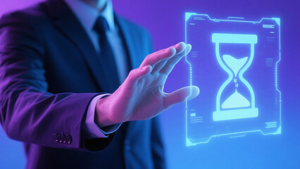 A man in a suit interacting with a holographic hourglass display in a futuristic setting with blue lights