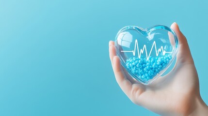 Hand holding transparent heart blue ball with heartbeat translucent isolated blue background