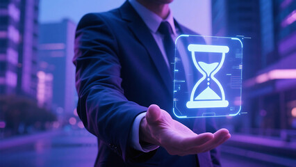 Man in suit holding a holographic hourglass in a futuristic city with purple and blue lighting