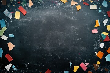 A blank chalkboard with colorful chalk pieces scattered around it, symbolizing the potential for creative learning and expression in education. The background is a dark gray to convey