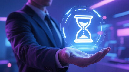 Man in suit holding holographic hourglass representing time management and future technology concept