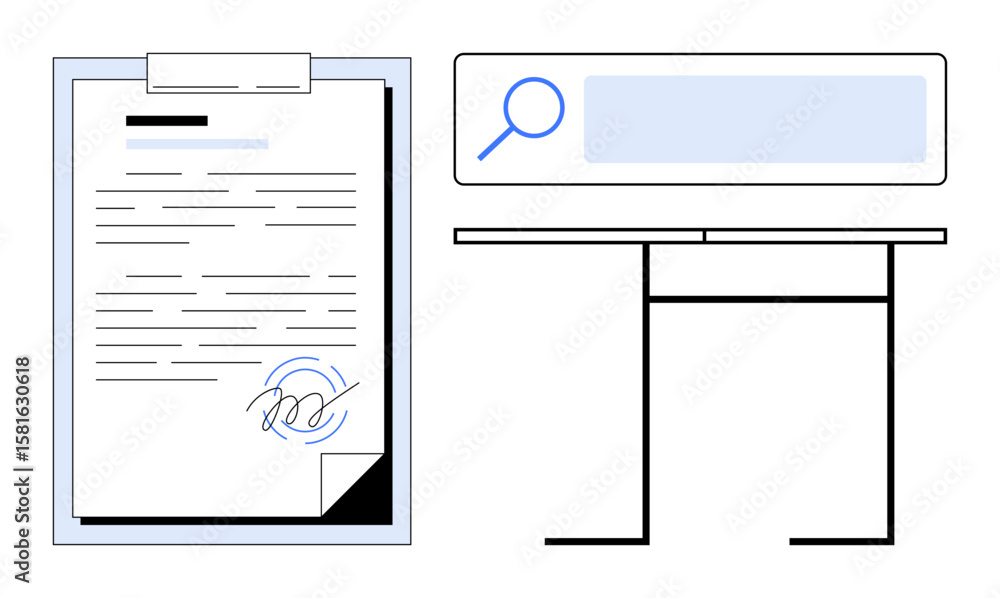 Poster document with signature on clipboard alongside magnifying glass on search bar over desk. ideal for w