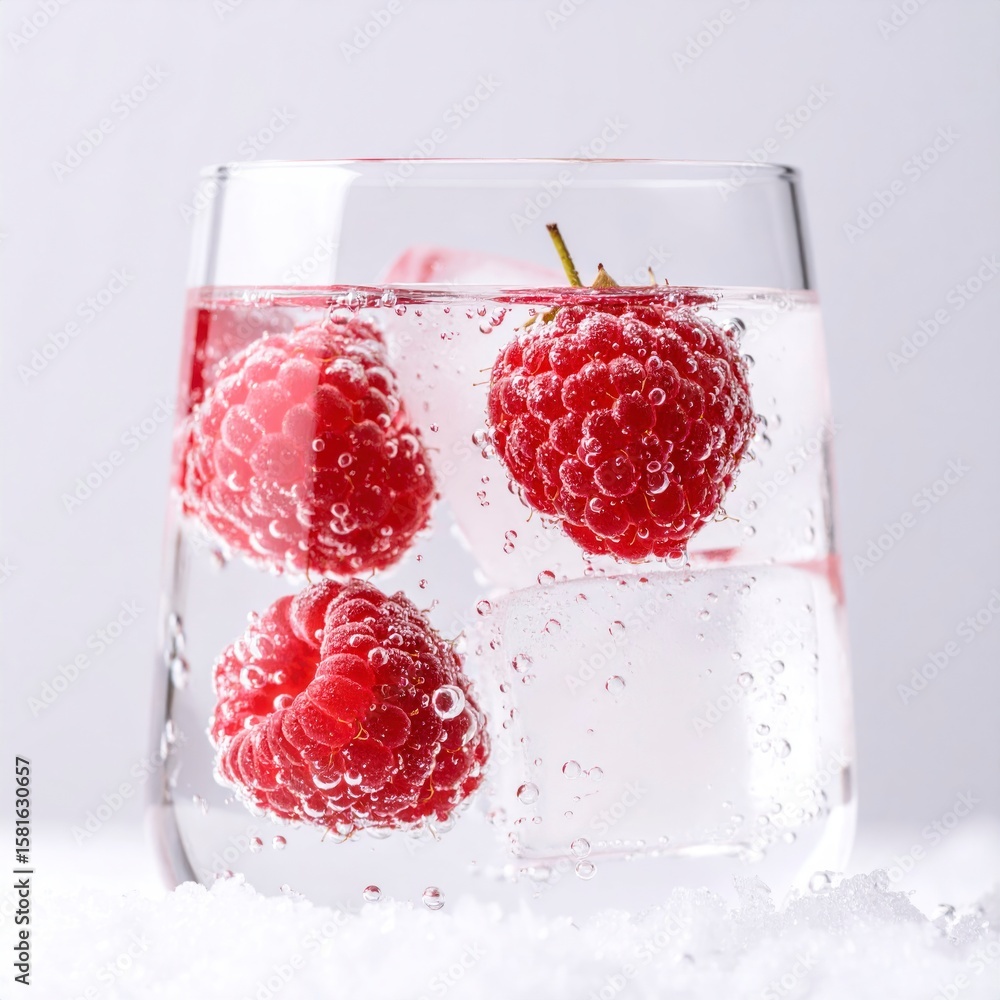 Poster raspberry in sparkling water with ice cubes clean beverage concept white background isolated backgro
