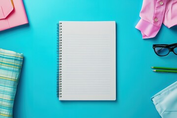 A blank sheet of notebook paper surrounded by colorful stationery and office supplies on a vibrant blue background, symbolizing the study materials for school or work. Commercial photograph