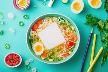 A bowl of noodles on a green table with slice egg and some surrounding vegetable with two pencil yellow and blue.