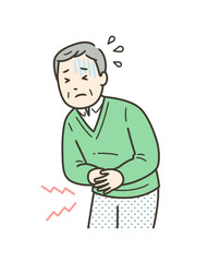 腹痛でお腹を押さえて苦しむ高齢男性の上半身イラスト
