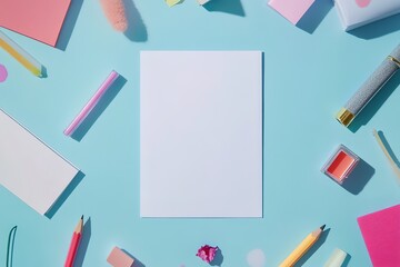 A blank sheet of notebook paper surrounded by colorful stationery and school supplies on an isolated blue background with copy space for text or design, flat lay. Detailed illustration