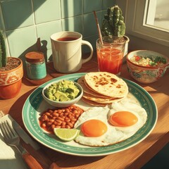 Sunny Breakfast Scene with Fried Eggs, Beans, Tortillas and Avocado