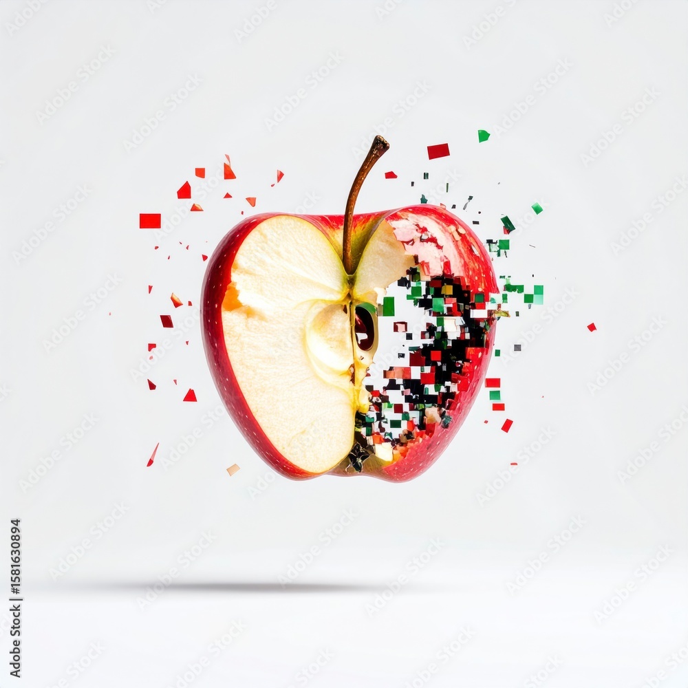 Poster red apple bite morphing digital glitch fragments white backdrop floating mid-space isolated backgrou