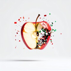 Red Apple Bite Morphing Digital Glitch Fragments White Backdrop Floating Mid-Space Isolated Background