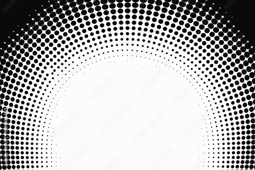 Poster semicircular gradient of black halftone dots on a white backdrop creates a textured, patterned effec