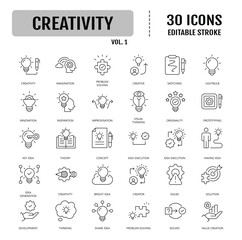 Creativity icon set. Containing inspiration, imagination, design, idea, creative, improvisation, sketching, brainstorming and more. Vector illustration © ARIF MIFTAHUL ANWAR