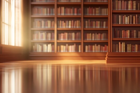 A blurred background of an empty library with bookshelves and light coming from the left side, creating space for text or graphics. The focus is on wooden shelves filled with books in the foreground