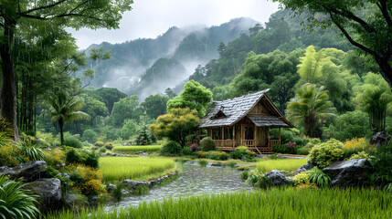 rural monsoon living Serene cottage amidst lush green landscape. serene rainy shelter sustainable hut lifestyle