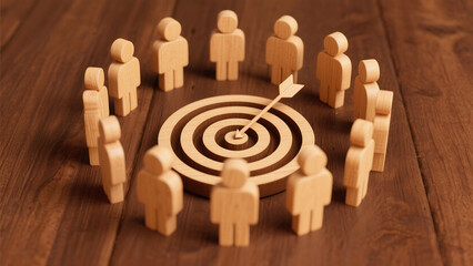 Wooden figures surrounding a target with an arrow on a wooden surface in a circle formation