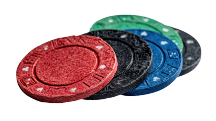 Stacked game chips in red, black, blue, and green