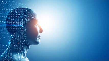  Silhouette of a human head in profile with an integrated digital network representing AI, intelligence, and innovative thinking. Copy space provided.