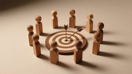 Wooden figures surrounding a target with arrows in the bullseye on a beige colored surface