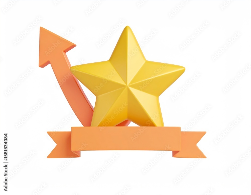 Poster three dimensional golden star with orange chart and ribbon performance rating icon isolated backgrou