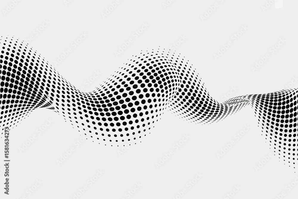 Poster a wavy design with black dots on a white background creating an abstract optical illusion effect art