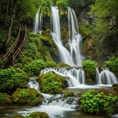 Obraz premium Lush Green Waterfall Cascading Down Mossy Rocks Wooden Steps Forest Path