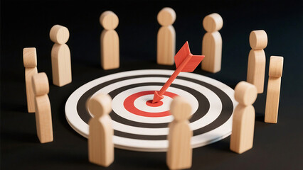 Wooden figures around a target with an arrow in the center on a dark background in a studio shot