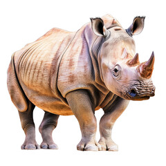 Fototapeta premium Large detailed realistic adult rhinoceros with prominent horn and textured thick skin standing isolated on white background